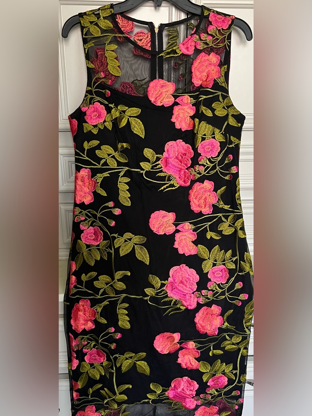 Calvin Klein Black Sheath Dress with Pink Floral Embroidery